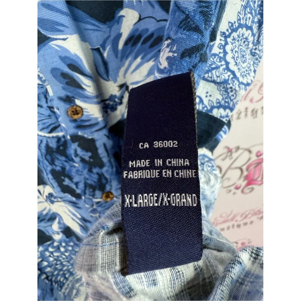 Hathaway shirt tropical palm Blue Patchwork Floral Short-Sleeve Button Down
